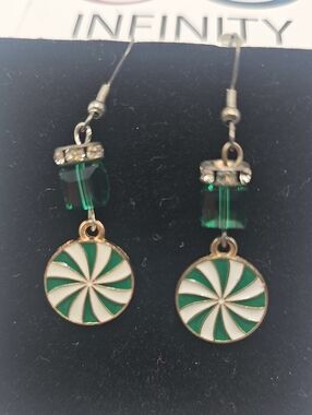NFINITY Green & White Swirl Drop Earrings with Emerald Crystal. New